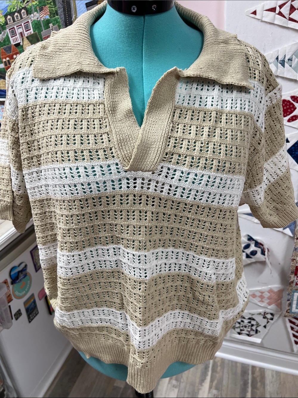 Gilli Beige & White Open-Weave V-Neck Sweater